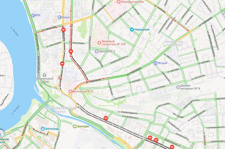 Ограничения движения в Правобережном округе Иркутска. Скриншот с сайта Яндекс.Карты