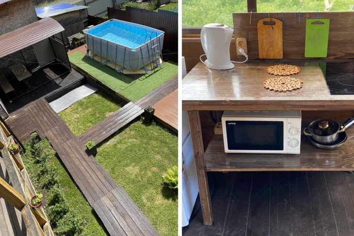 На территории есть бассейн, зона барбекю и общая кухня