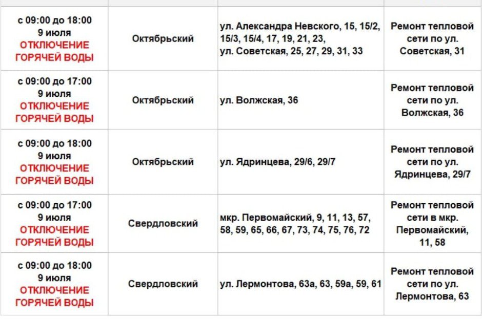 График отключений. Фото из телеграм-канала оператора теплосетей Иркутска График отключений. Фото из телеграм-канала оператора теплосетей Иркутска