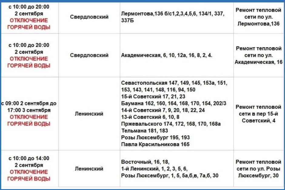 График отключений. Фото из телеграм-канала оператора теплосетей Иркутска