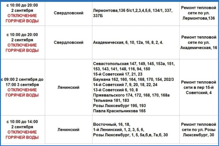 График отключений. Фото из телеграм-канала оператора теплосетей Иркутска