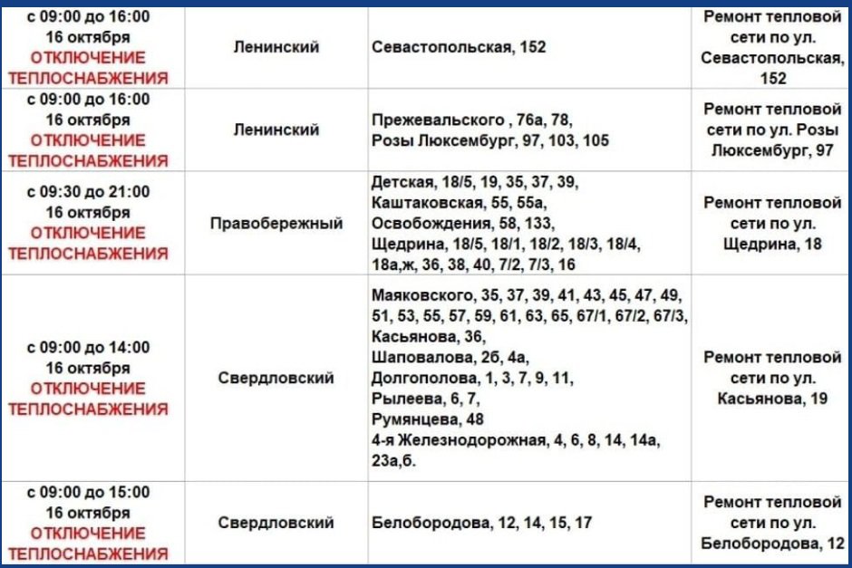 График отключений. Фото из телеграм-канала оператора теплосетей Иркутска График отключений. Фото из телеграм-канала оператора теплосетей Иркутска