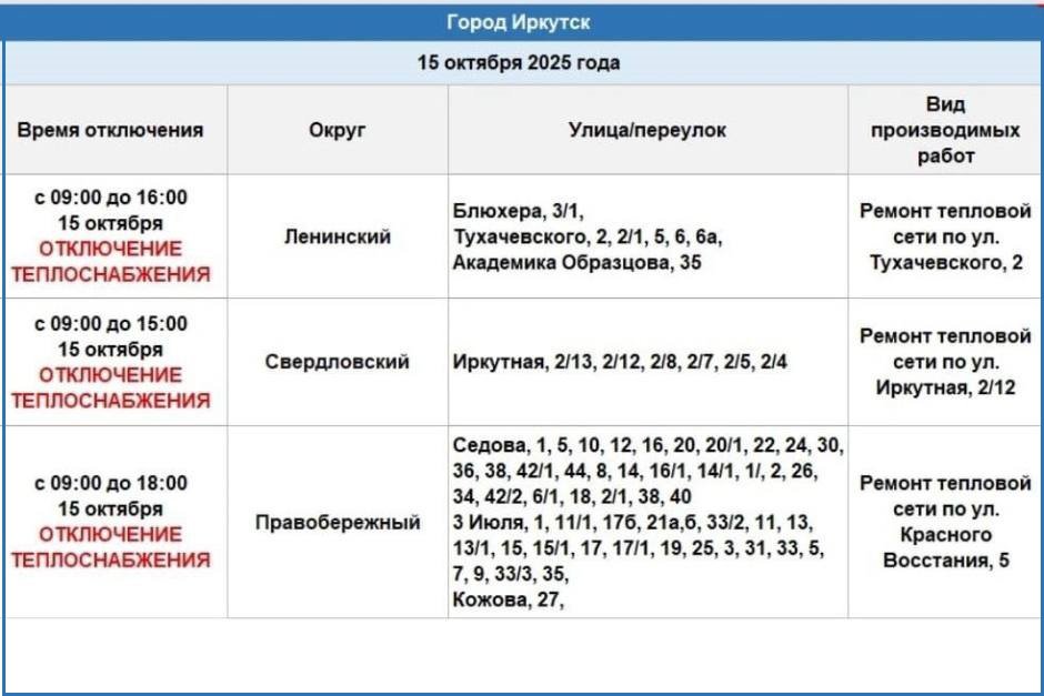 График отключений. Фото из телеграм-канала оператора теплосетей Иркутска График отключений. Фото из телеграм-канала оператора теплосетей Иркутска