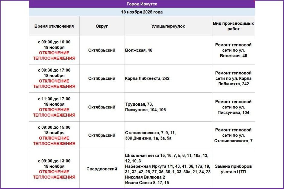 График отключений. Фото из телеграм-канала оператора теплосетей Иркутска
