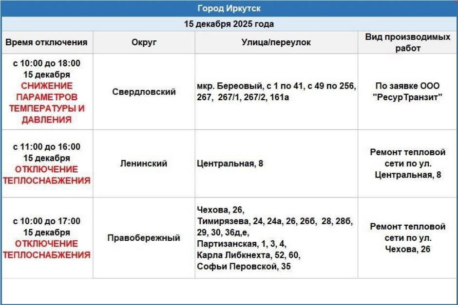 График отключений. Фото из телеграм-канала оператора теплосетей Иркутска График отключений. Фото из телеграм-канала оператора теплосетей Иркутска