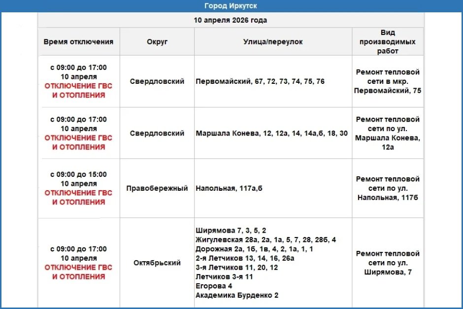 График отключений. Фото оператора теплосетей Иркутска График отключений. Фото оператора теплосетей Иркутска