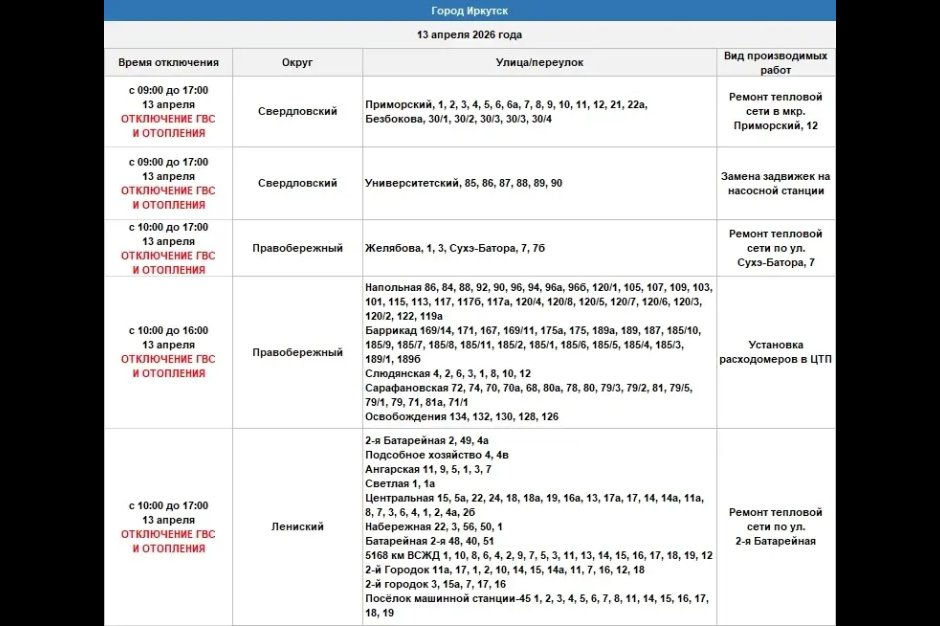 График отключений. Фото оператора теплосетей Иркутска