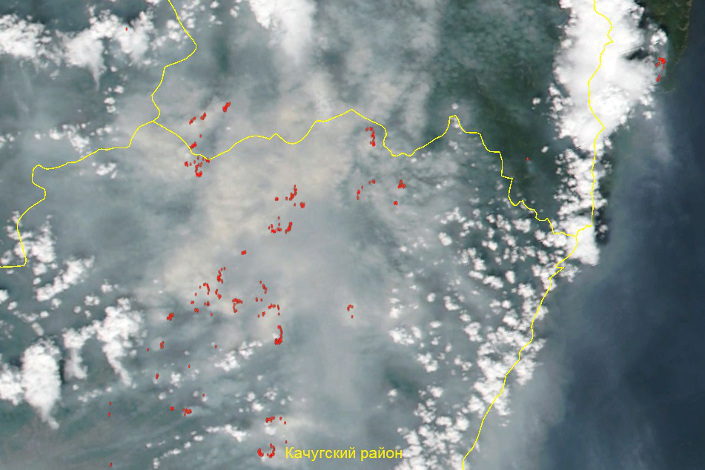 Космоснимок VIIRS на 1 июля с наложенными термоточками и границами районов