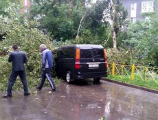 Возле дома № 107а на улице Декабрьских событий дерево упало на детскую площадку и машину, припаркованную рядом. Фото прислал Алексей Лузгин