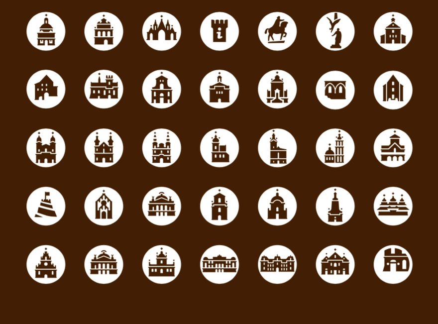 Комплект пиктограмм с достопримечательностями (иллюстрация с сайта touristinfo.lviv.ua)