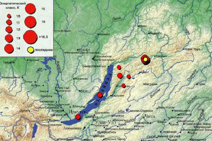 Карта землетрясений 2015 года. Фото с сайта Байкальского филиала Геофизической службы СО РАН