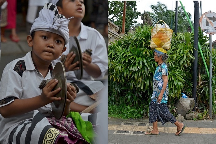 Слева: уличный обряд/ Справа: почти все женщины умеют носить тяжелые корзины и сумки на голове