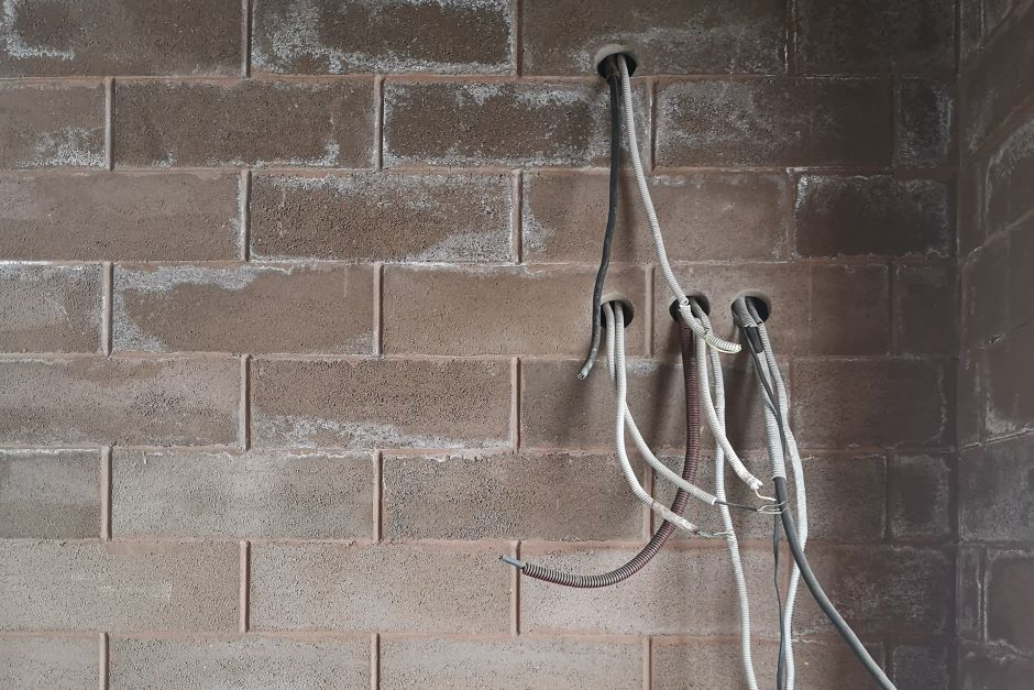 Все силовые кабели завели сразу  внутрь стен — конструктивные пустоты блоков удачно позволили это сделать