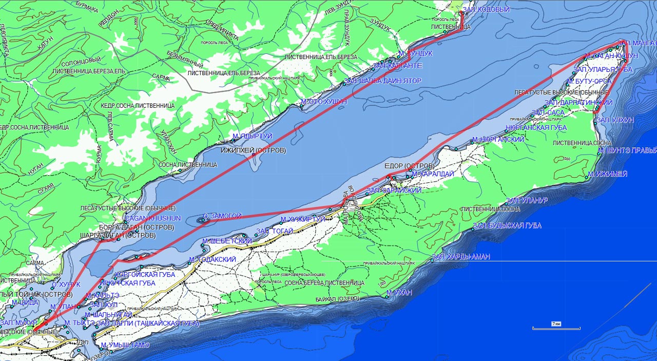 Маршрут проходит от границы открытого Байкала до мыса Зундук