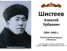 Шистеев Алексей Урбаевич. Погиб при обороне Ленинграда в 1942 г. Найден поисковым отрядом в 1997 г. Из 50 трупов зарытых в авиационной воронке смертные медальоны сохранились только у двоих солдат. Перезахоронен на ст. Погостье Ленинградской обл.