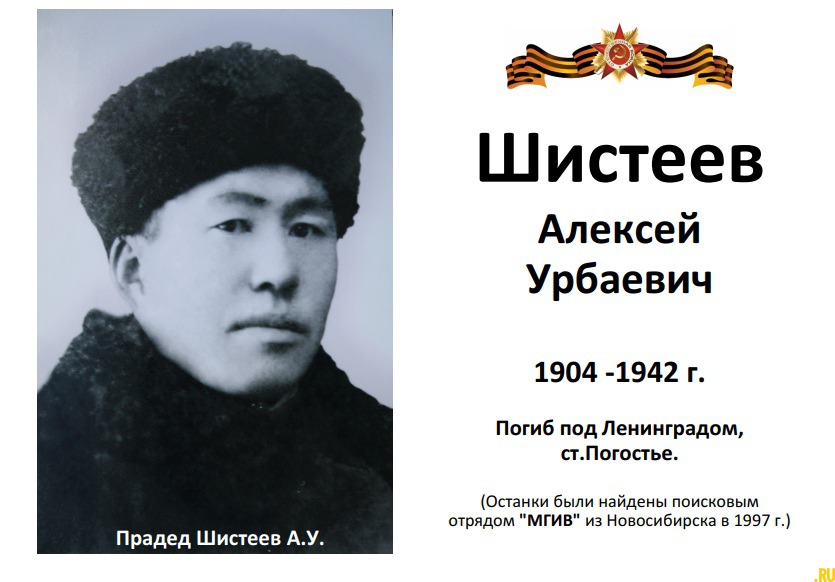 Шистеев Алексей Урбаевич. Погиб при обороне Ленинграда в 1942 г. Найден поисковым отрядом в 1997 г. Из 50 трупов зарытых в авиационной воронке смертные медальоны сохранились только у двоих солдат. Перезахоронен на ст. Погостье Ленинградской обл.