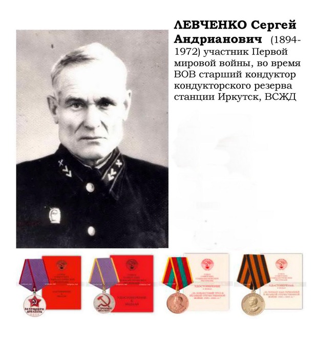 Левченко Сергей Андрианович (1894-1972).Участник трёх войн: 1918-1920 - Гражданская война. 1941-1945 служил в армии в ВО№32, дошёл до Берлина. После окончания войны с Германией отправили в отряд в Японию. Вернулся домой в Иркутск. Фото Галина Григорьева