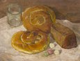 Картина «Сдоба» — скромный послевоенный натюрморт. На столе — полбуханки хлеба, сдобные булочки, конфеты и пустая стопка. Хлеб символизирует жизнь, которая продолжается даже после войны; стопка — память о тех, кого уже не вернуть.