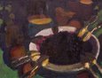 В работе «Натюрморт с черникой» изображена полная тарелка лесных ягод и много ложек. В голодное военное время тайга кормила человека и всю его семью.