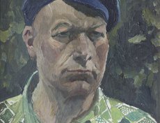 Автопортрет художника-фронтовика Евтихия Конева (1914-1980) передает его волевой характер. Вернувшись с фронта, он много ездил по деревням и селам, общался с людьми — героями своих будущих произведений: стариками, крестьянами, рабочими.