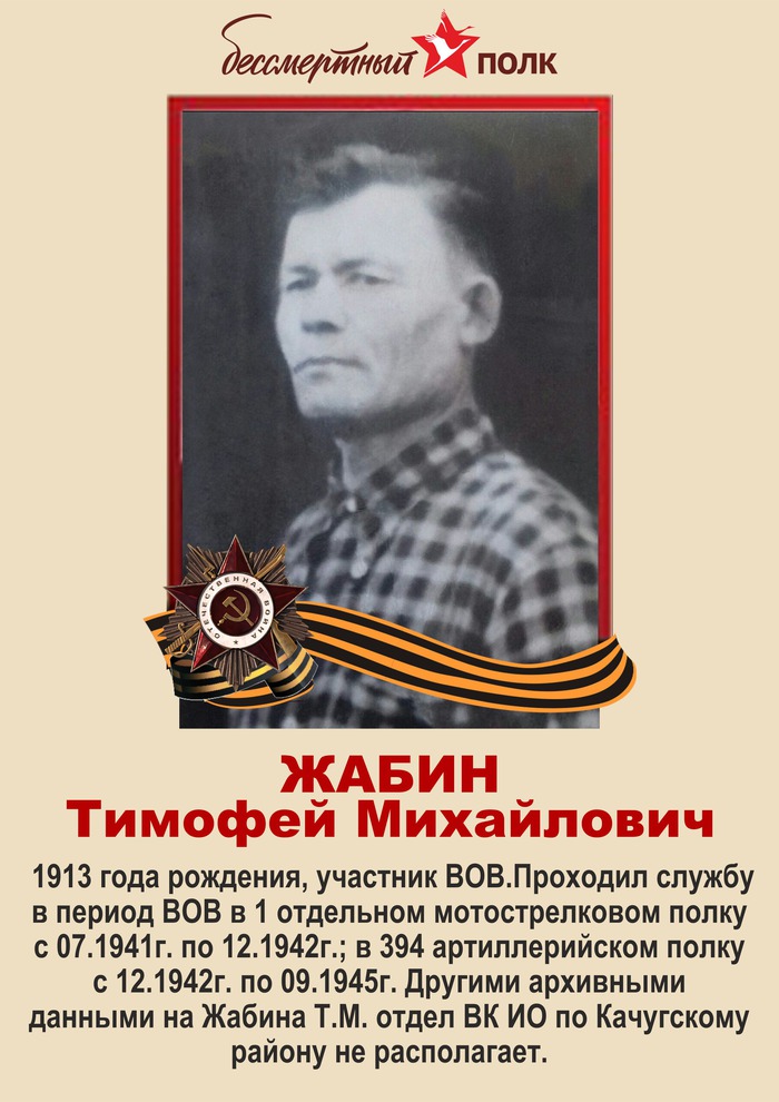 Жабин Тимофей Михайлович (1913). Проходил службу в 1 отдельном мотострелковом полку до 1942 года. В 394 арт.полку до 1945 г.