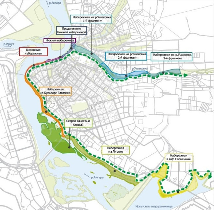 Проект единой набережной в Иркутске. Схема ООО Агентства развития территорий «Градостроительная школа»