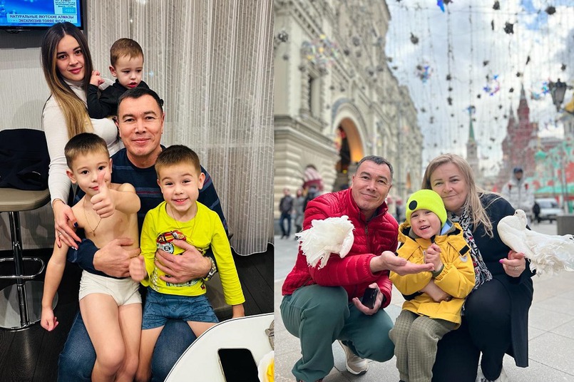 Слева — Евгений Сарсенбаев со старшей дочерью и ее детьми, справа — с женой и сыном