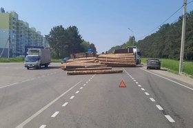 Опрокинувшийся прицеп с бревнами. Фото пресс-службы Госавтоинспекции Иркутска