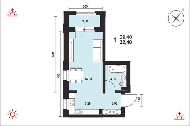 Планировка однокомнатной квартиры 32,4м2