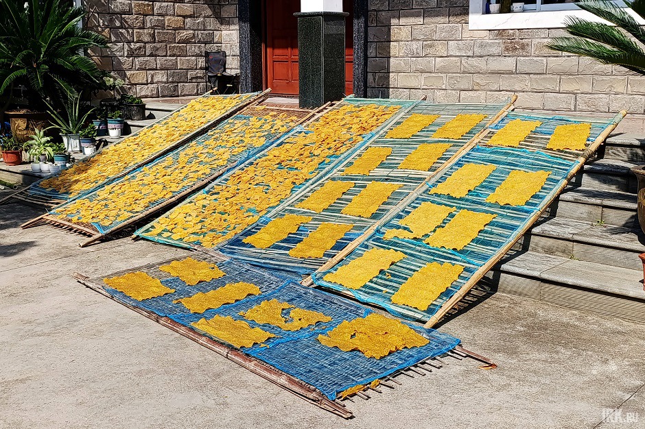 Чипсы из батата сушатся на солнце