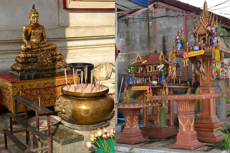 Небольшая статуя будды. Домик для духов (санпрапум) – таких множество по всему Таиланду