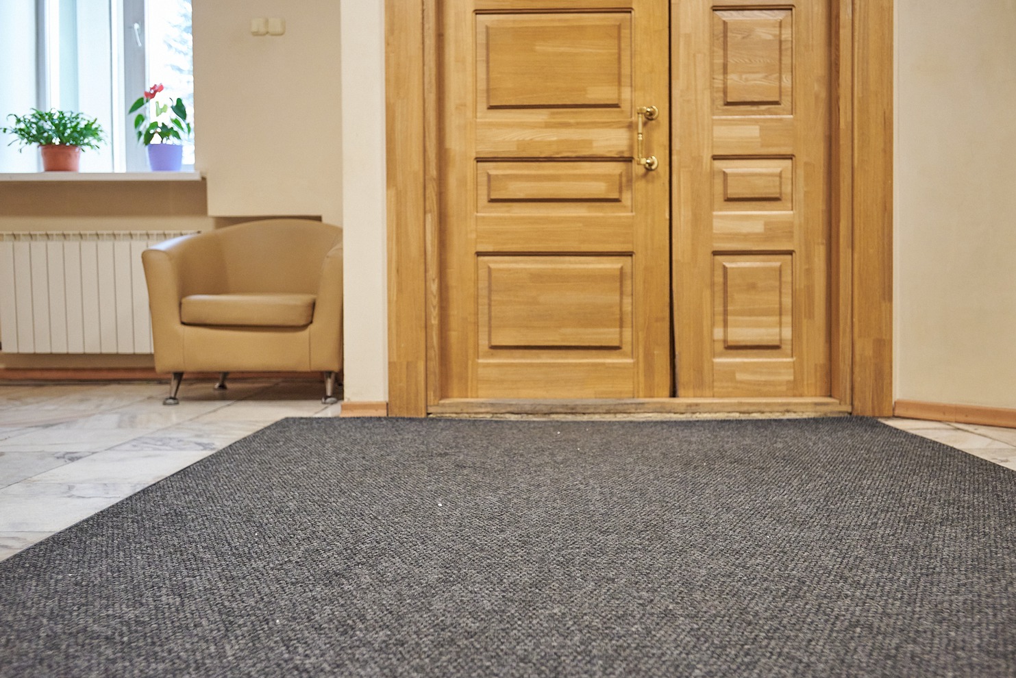 Полы холла театра покрыты защитными влаговпитывающими коврами, резиновая основа которых предотвращает попадание влаги и грязи в поверхность основания (паркет, ламинат и другое)