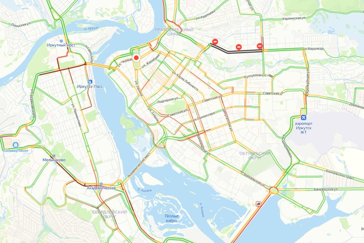 Пробки в Иркутске. Скриншот с сервиса «Яндекс. Пробки»