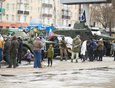 Перед дворцом спорта была организована выставка военной техники.