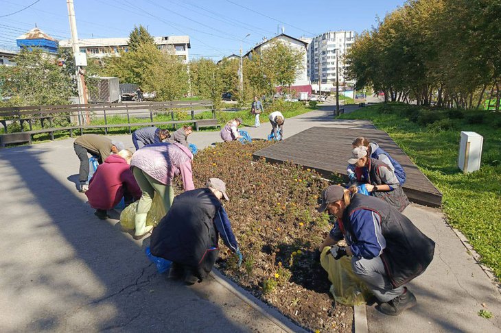 Уборка цветов с клумбы. Фото пресс-службы администрации Иркутска