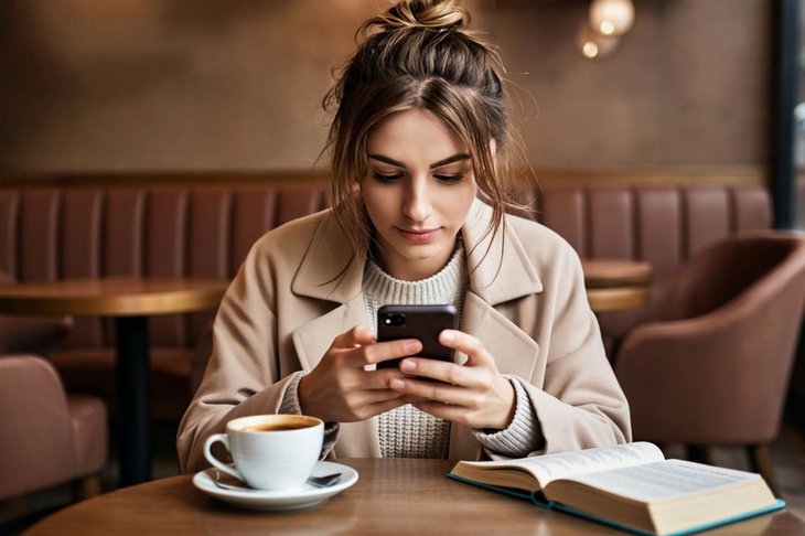 Девушка с телефоном. Изображение сгенерировано с помощью нейросети GigaChat
