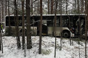 Автобус после ДТП в Усть-Илимске въехал в деревья. Фото Госавтоинспекции региона