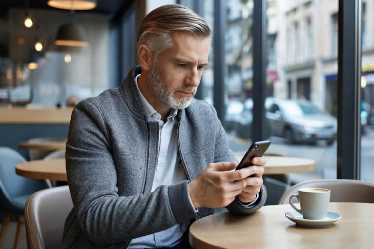 Мужчина с телефоном. Изображение сгенерировано с помощью нейросети GigaChat