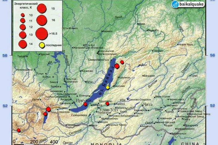 Желтым выделен эпицентр землетрясения. Фото с сайта Байкальского филиала Единой геофизической службы РАН
