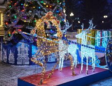 Перед театром стоят сани, запряжённые оленями.