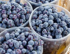 На ярмарке большой выбор ягоды. Здесь можно купить малину, крыжовник, смородину и даже голубику.