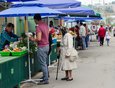 Для продавцов на территории сельхозрынка установили прилавки и зонтики. Стоимость торгового места — 50 рублей в день.