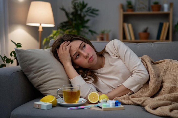 Девушка с простудой. Изображение сгенерировано с помощью нейросети GigaChat