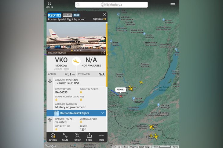 Маршрут полета. Скриншот с сайта flightradar24
