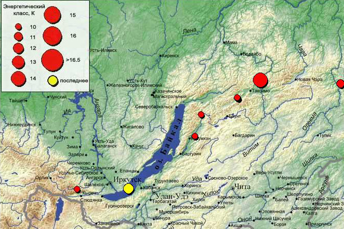 Карта последних десяти землетрясений с сайта seis-bykl.ru
