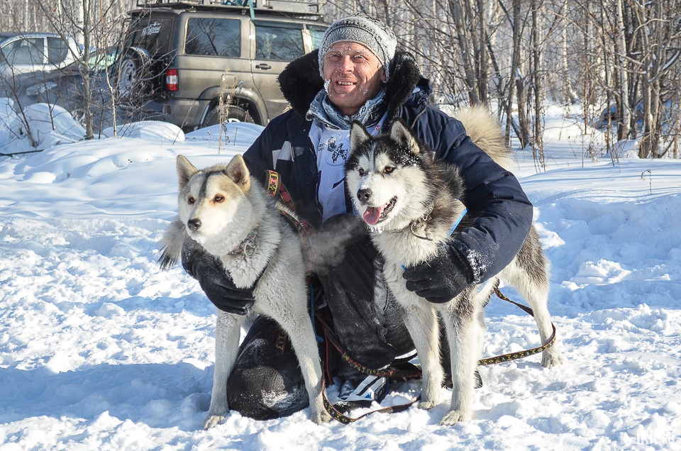 Алексей Машковцев и его сибирские хаски Хан и Зима. Четвертое место на дистанции 10 километров.