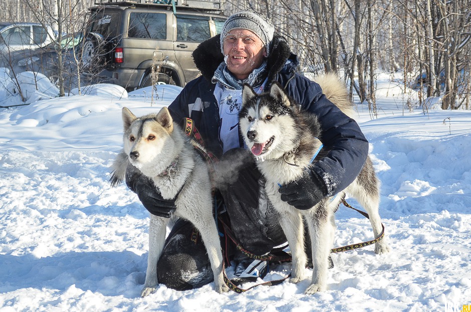 Алексей Машковцев и его сибирские хаски Хан и Зима. Четвертое место на дистанции 10 километров.