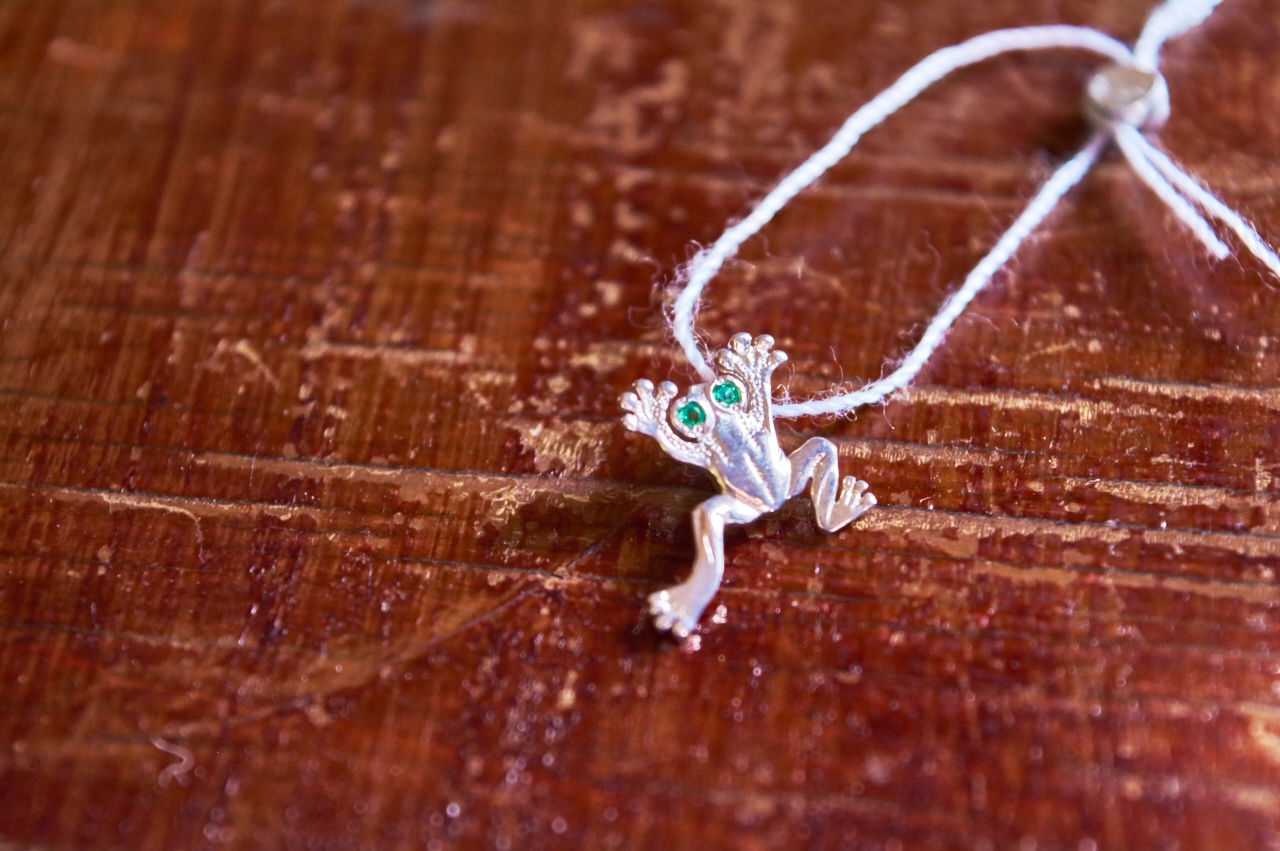 Серебряный кулон в виде лягушки.
